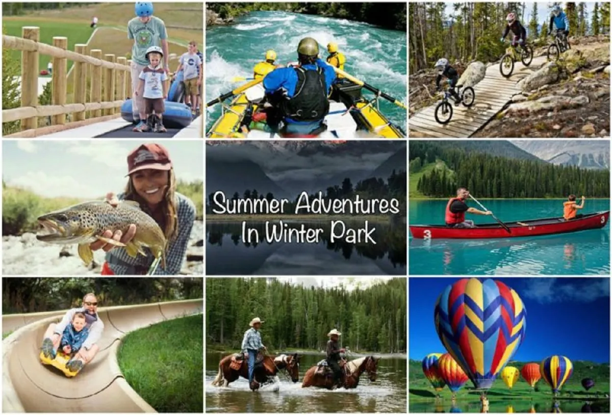 A colorful summer scene showing families white-water rafting, biking on trails, fishing by a river, kayaking, horseback riding, and vibrant hot air balloons rising over a beautiful natural landscape. The image is lively and joyful, capturing a variety of summer pursuits.