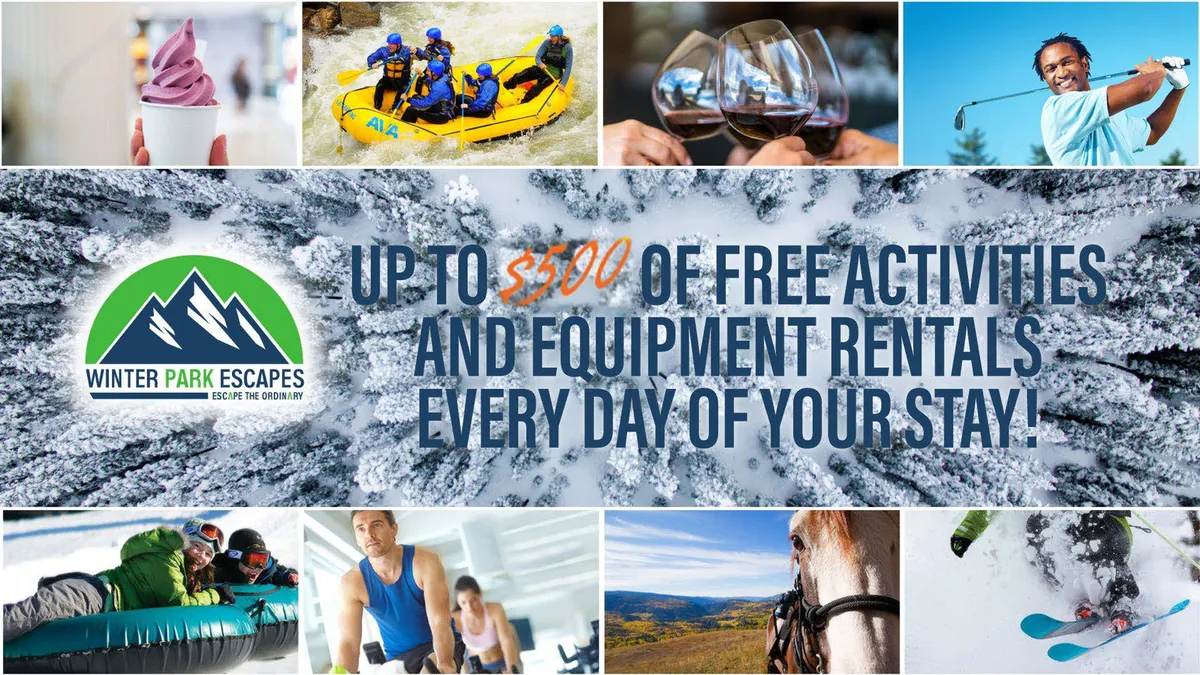 A vibrant exterior scene capturing a mix of outdoor activities, including rafting down a rushing river, skiing on snowy slopes, golfing, horseback riding, and guests enjoying wine and ice cream. The landscape feels energetic, with people engaged in both winter and summer adventures.