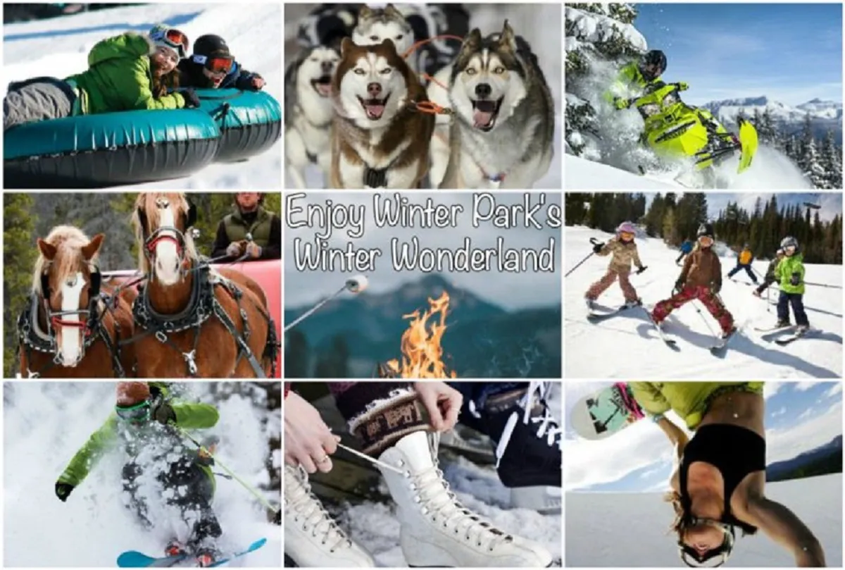An exciting winter exterior scene featuring snow tubing, huskies pulling a sled, skiers descending a slope, snowboarders in action, a glowing fire pit, and a horse-drawn sleigh ride. People are smiling and actively engaging in snowy fun.