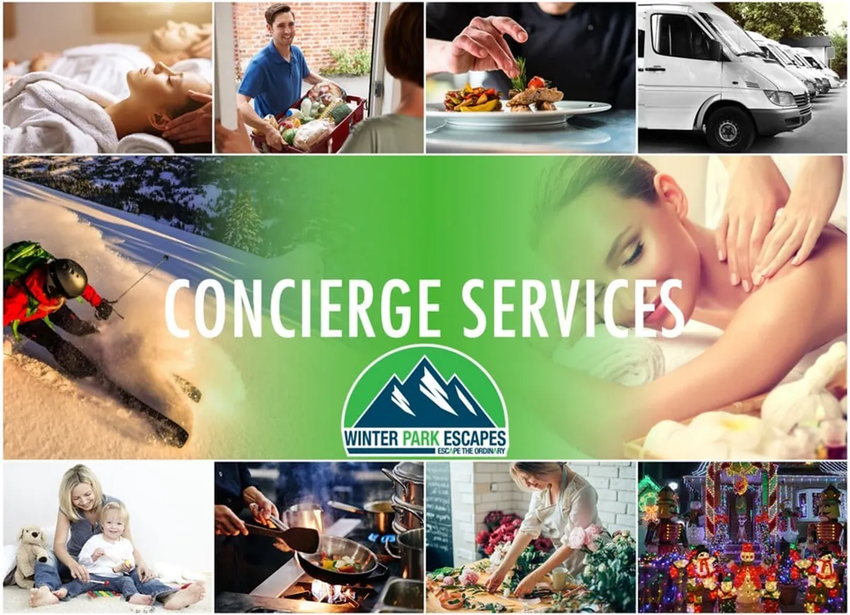 A collage-style interior scene featuring individuals engaged in diverse activities: skiing, spa treatments, gourmet food preparation, and family bonding, with a text overlay highlighting concierge services.